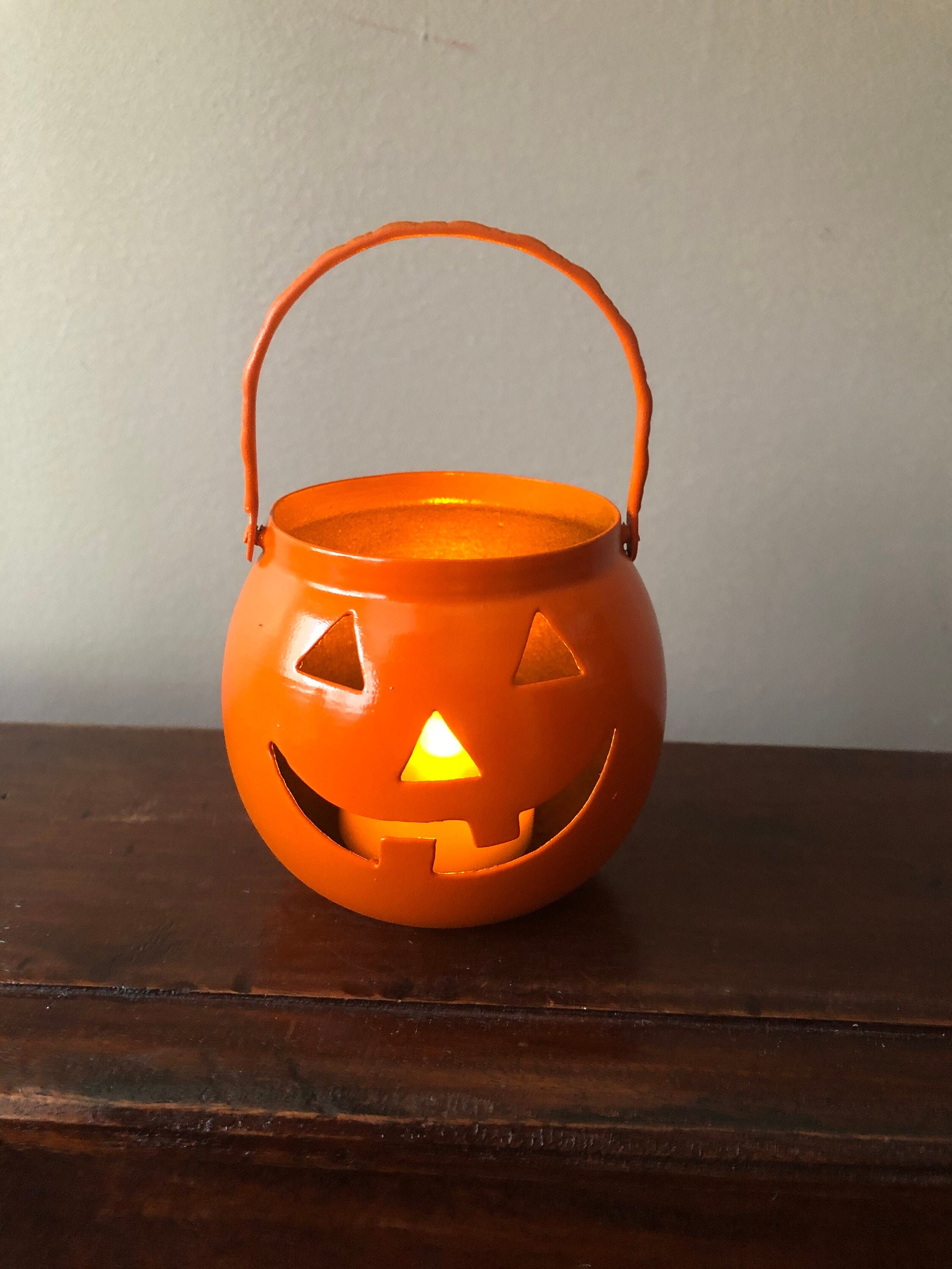 Vintage Jack O Lantern tea light holder. Painted orange. Etsy