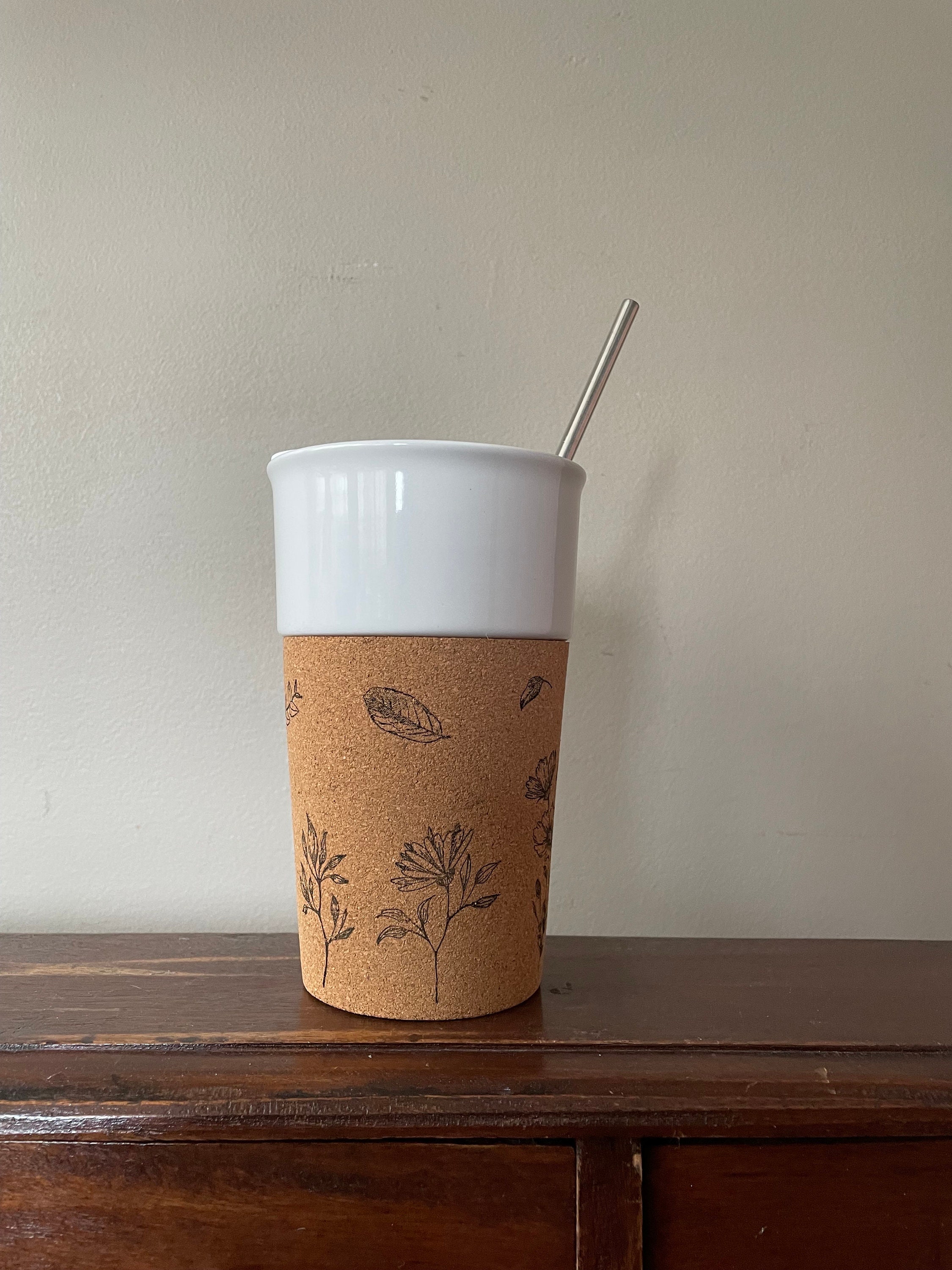 Custom Reusable Glass Travel Mug w/ Cork Sleeve - 12 oz.