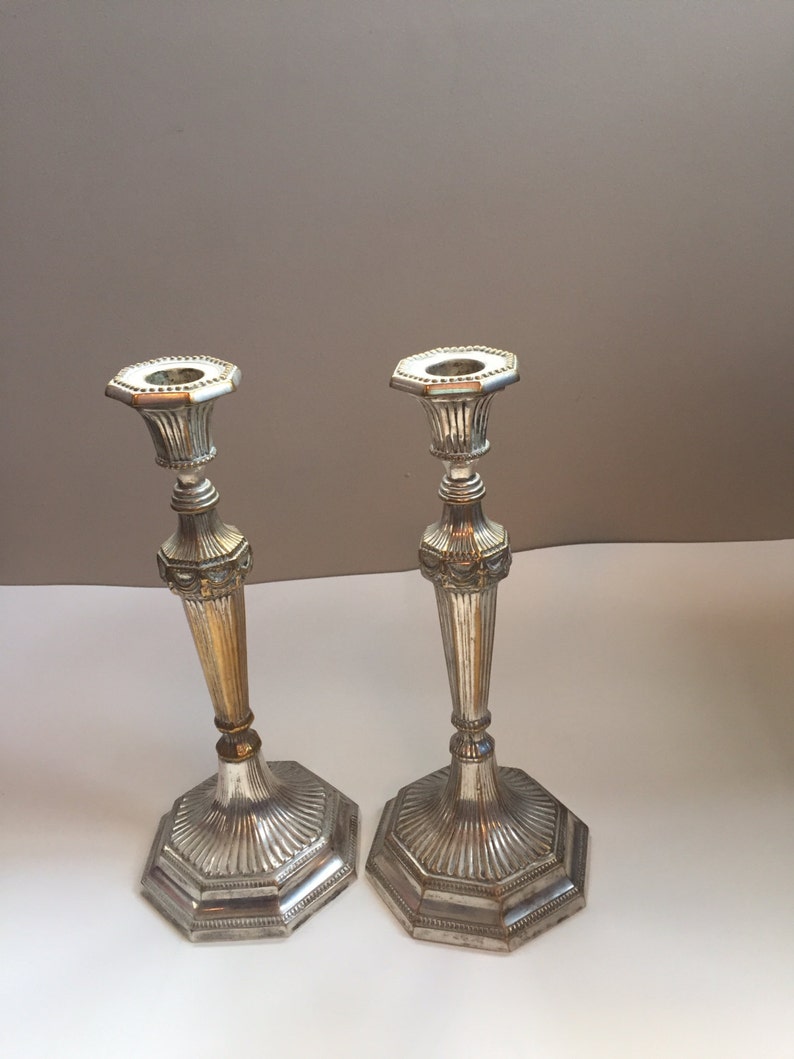 estimated era is early 1900/'s Beautiful Art Deco style. Antique candle sticks Very heavy silver plate