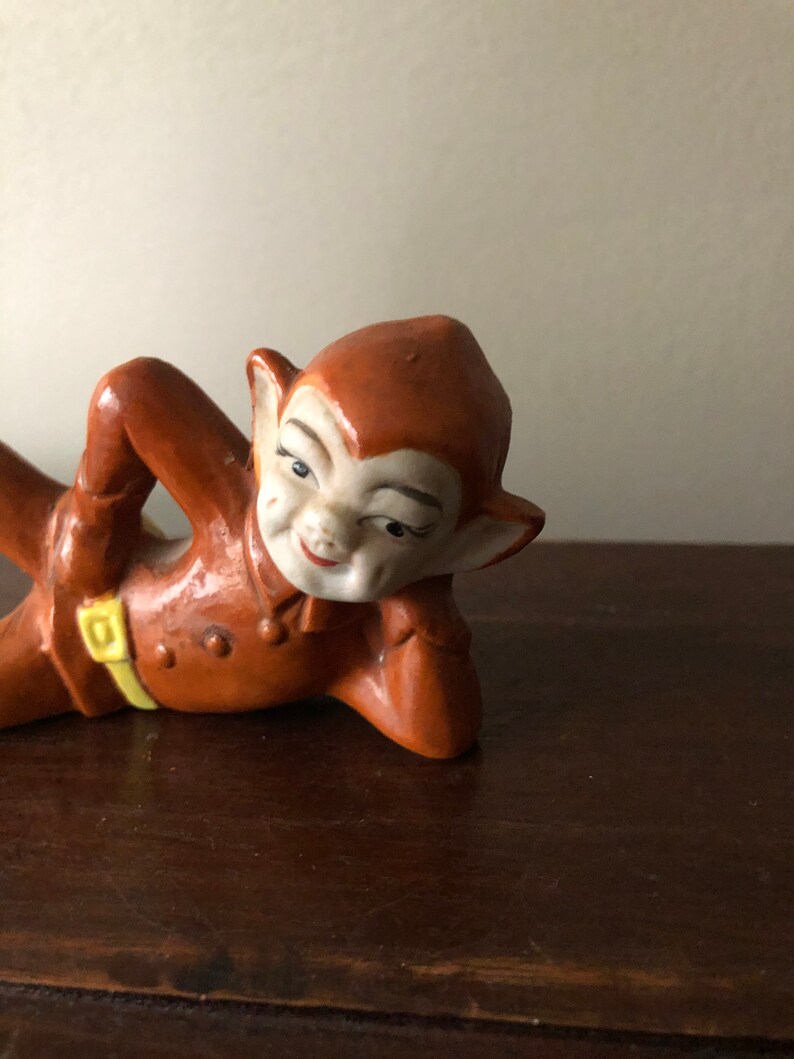 Vintage ceramic elf statue. Cute elf in rust colored suit. Etsy