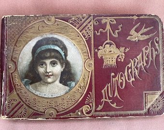 Antique autograph album.  One entry - Dec 25, 1889.  Fragile condition.  30 + blank pages.  Gift for antique collector.  Victorian book.