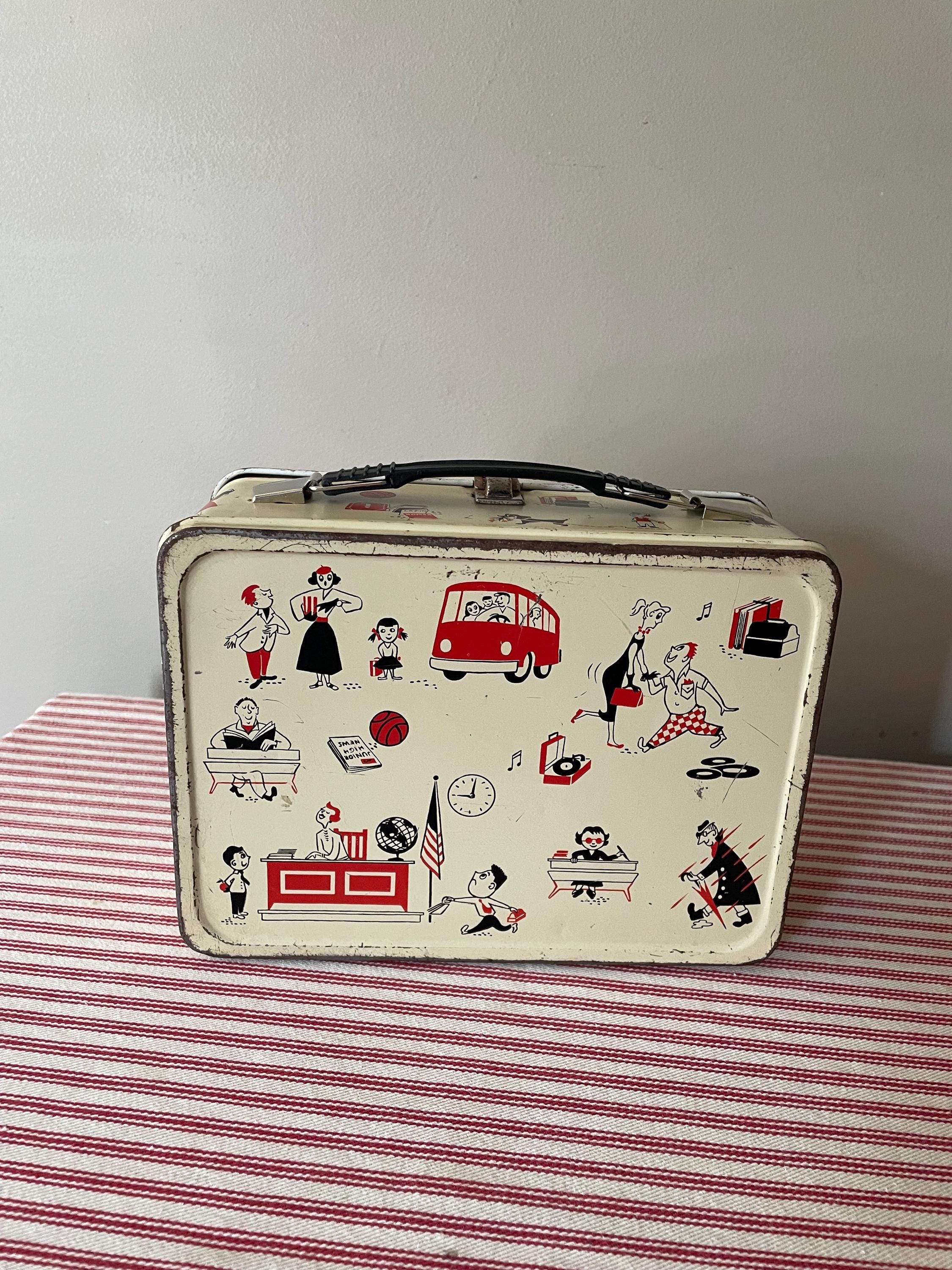 Vintage 1950s  school days Thermos brand lunch box, collectible and cute classic kids metal lunch pail.  Retro marching band memories.