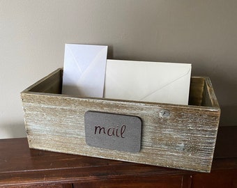 Rustic mail holder.  Weathered wood box for mail storage.  Keeps mail organized.  For home office or entry way.