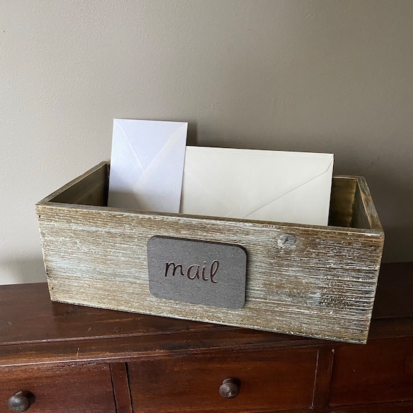 Rustic mail holder.  Weathered wood box for mail storage.  Keeps mail organized.  For home office or entry way.