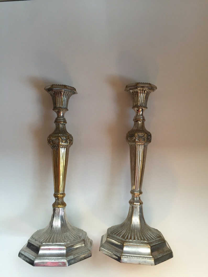 estimated era is early 1900/'s Beautiful Art Deco style. Antique candle sticks Very heavy silver plate