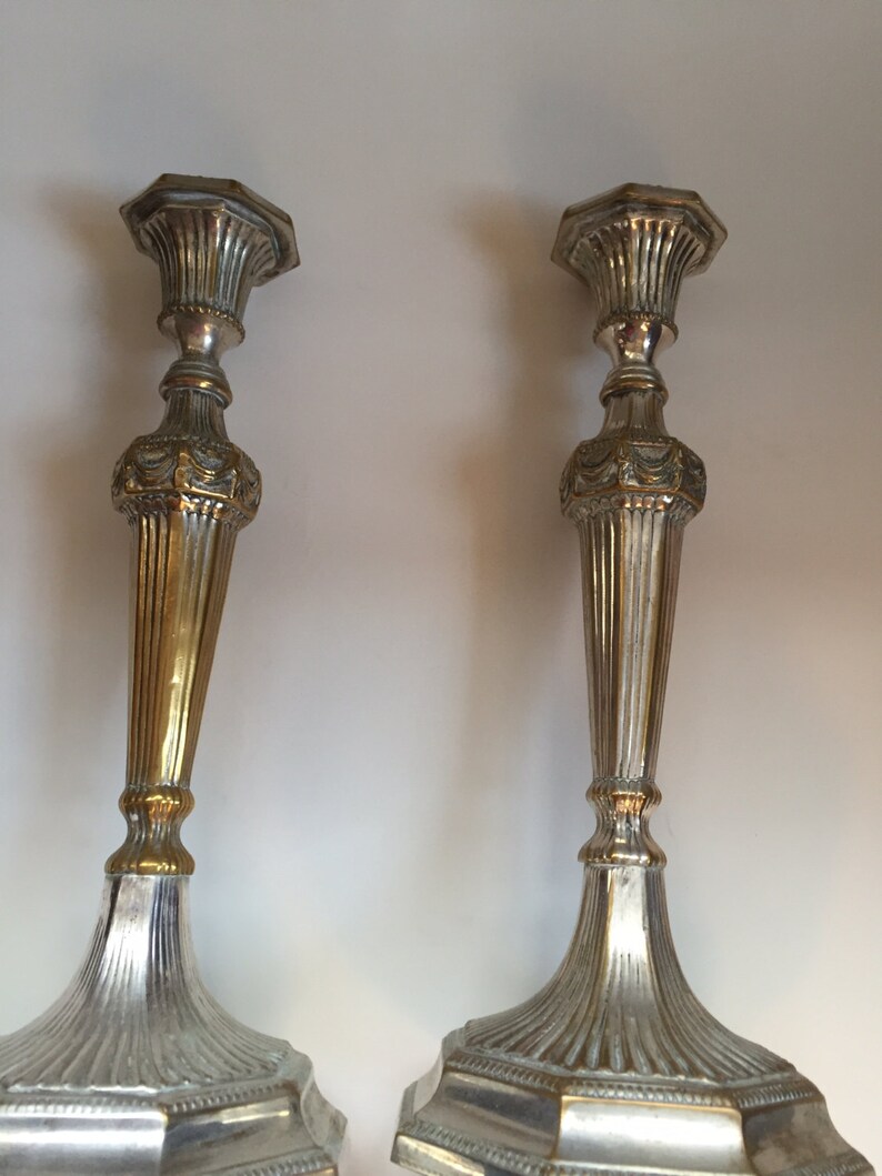 estimated era is early 1900/'s Beautiful Art Deco style. Antique candle sticks Very heavy silver plate