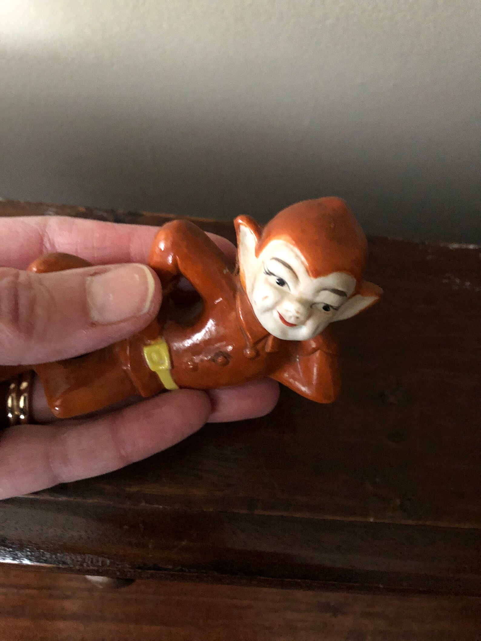 Vintage ceramic elf statue. Cute elf in rust colored suit. Etsy