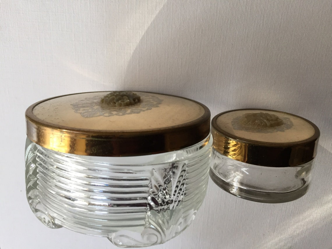 Vintage Vanity Jars Lace and Carved Stone Floral Etsy