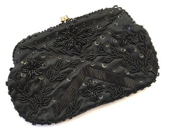 Antique purse. 1930. Black beaded cluch.  Evening bag for special occasion.