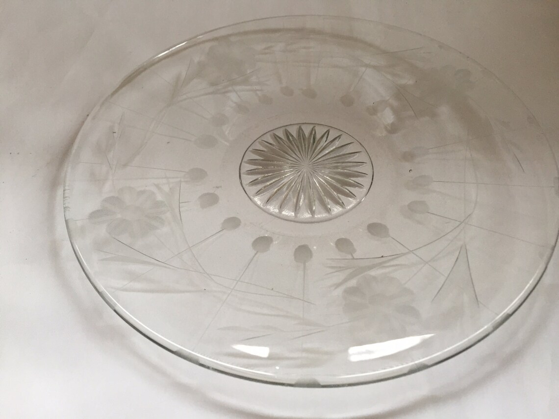 Vintage Etched Crystal Dessert Plate Etched Floral Pattern. 8 Etsy