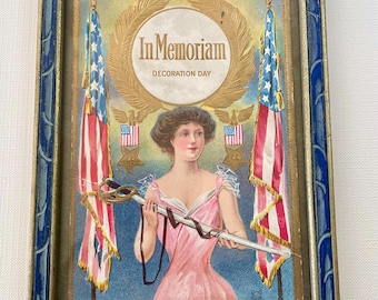 Antique post card from early 1900’s framed in antique glass front frame made of wood with enamel design.  Memorial or Decoration Day decor.