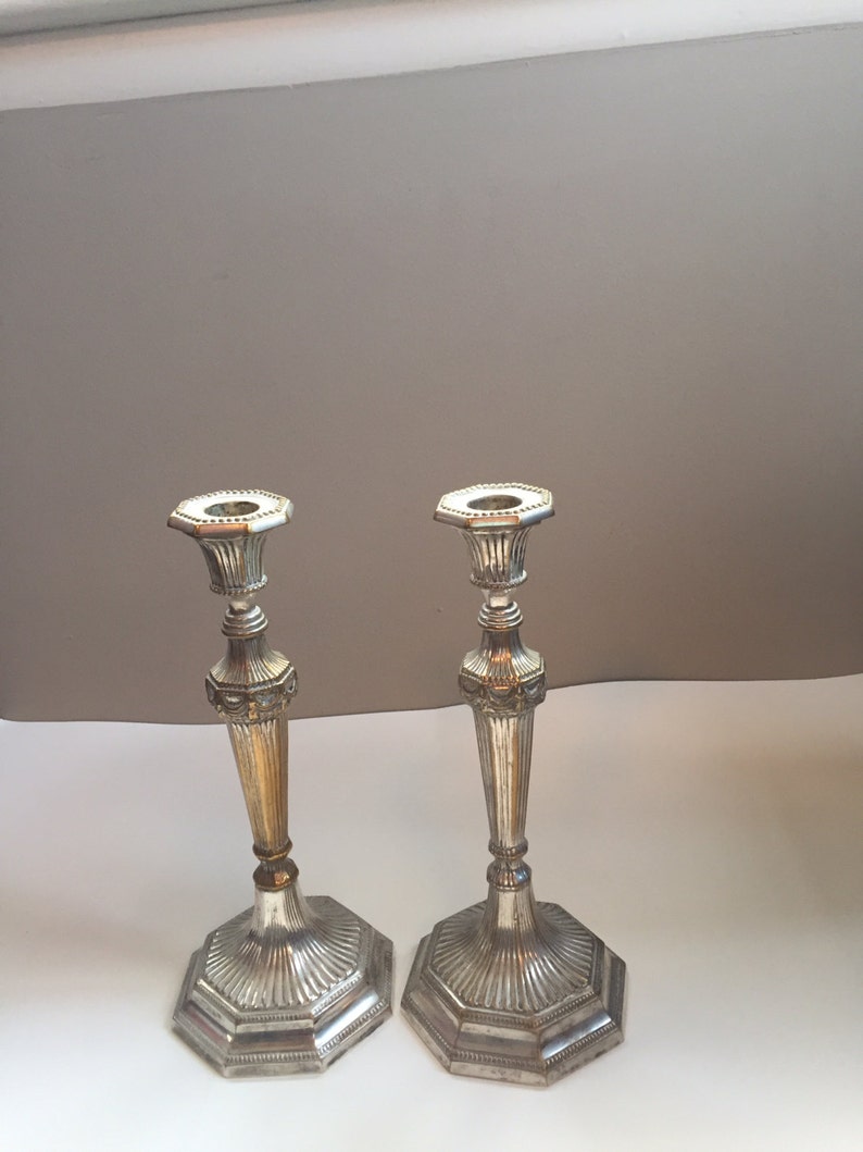 estimated era is early 1900/'s Beautiful Art Deco style. Antique candle sticks Very heavy silver plate