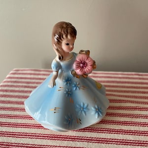 May include: A porcelain figurine of a girl in a blue dress with a pink flower. The girl has brown hair and blue eyes. The dress is decorated with gold accents and blue flowers.