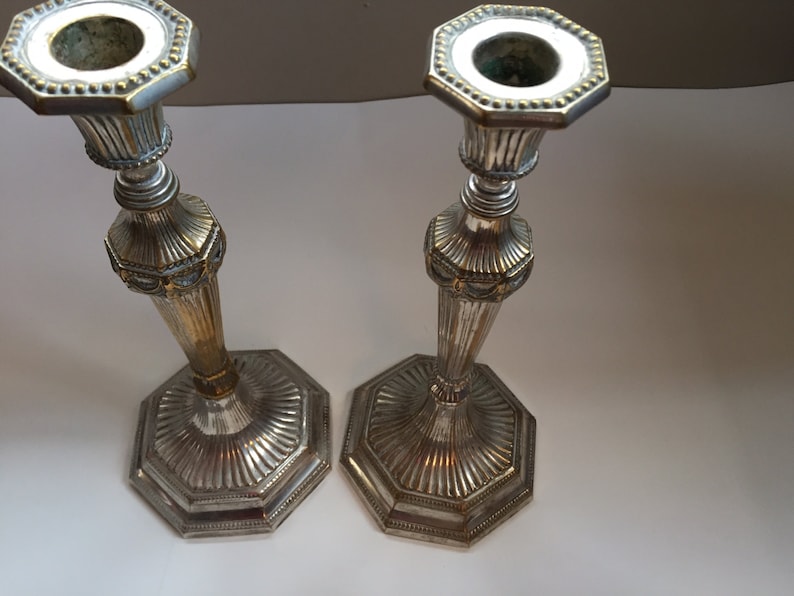 estimated era is early 1900/'s Beautiful Art Deco style. Antique candle sticks Very heavy silver plate