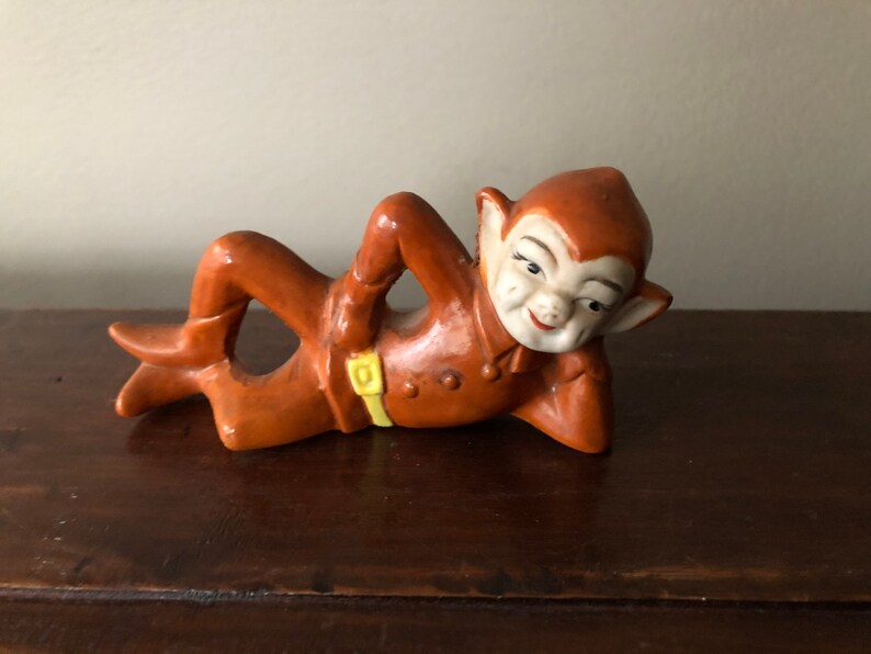 Vintage ceramic elf statue. Cute elf in rust colored suit. Etsy