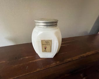 Antique milk glass jar with original lid and label.  Good condition, empty of contents.  Cara Nome vanishing cream.  Art deco jar.  Langlois
