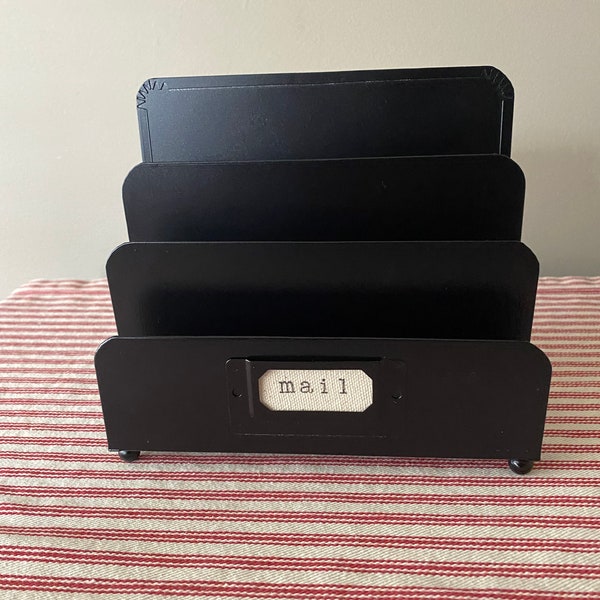 Mail holder, small tin painted desk top organizer.  Black with hand stamped twill tag spelling MAIL