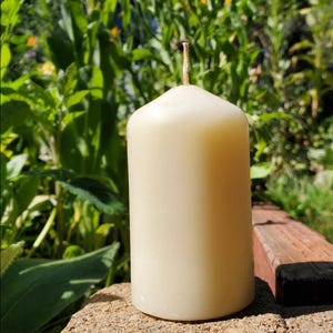 Può includere: Una candela a colonna color crema con una singola stoppino. La candela è cilindrica con una parte superiore leggermente arrotondata. Si trova su una superficie strutturata marrone chiaro, con fogliame verde e fiori gialli sullo sfondo.
