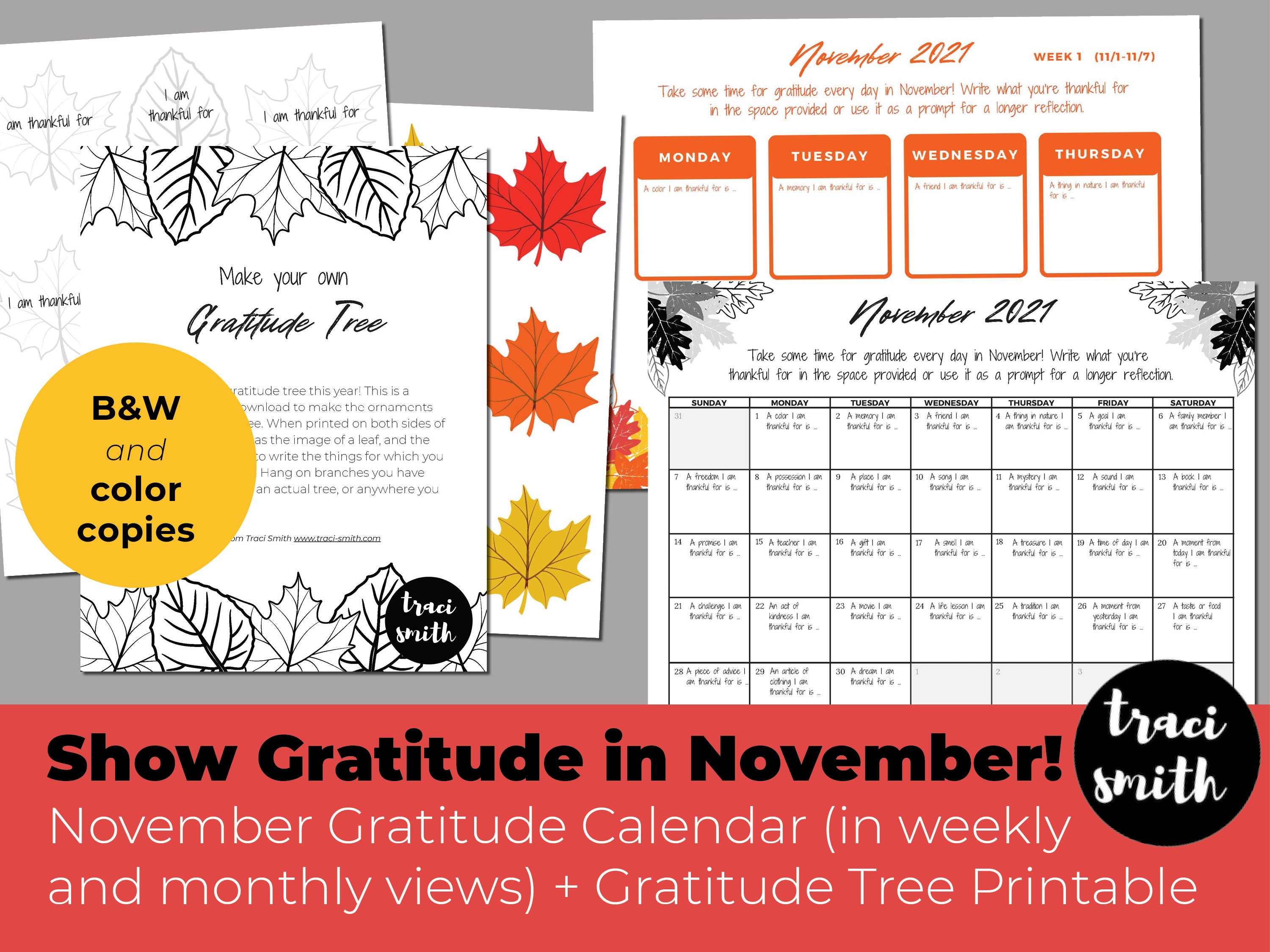 Gratitude Printable Pack November Calendar monthly and Etsy