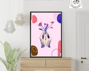 Roze en blauwe minimalistische met bloem illustratie canvasafdruk