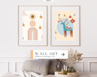 Digitale prints kinderkamer Scandinavisch hert kerst canvas print muurkunst beige natuur regenboog terracotta abstract canvas afdrukbare muurkunst