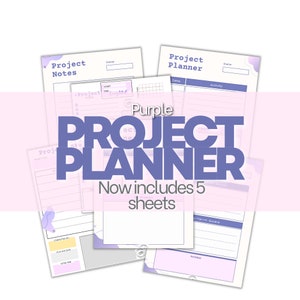 Peut inclure: Un planificateur de projet violet avec cinq feuilles. Le planificateur comprend des sections pour les notes de projet, les dates de début et de fin, l'activité, les objectifs à long terme et les notes.