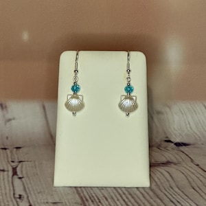 Light Blue Crystal And White Clam Shell Shaped Dangle Drop Earrings Handmade UK Jewellery