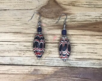 Dark Blue  Javanese Glass Chevron Bead Earrings with sterling silver ear wires .