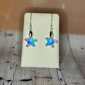 Clear Blue Crystal Star Shaped Dangle Drop Earrings Handmade UK Jewellery