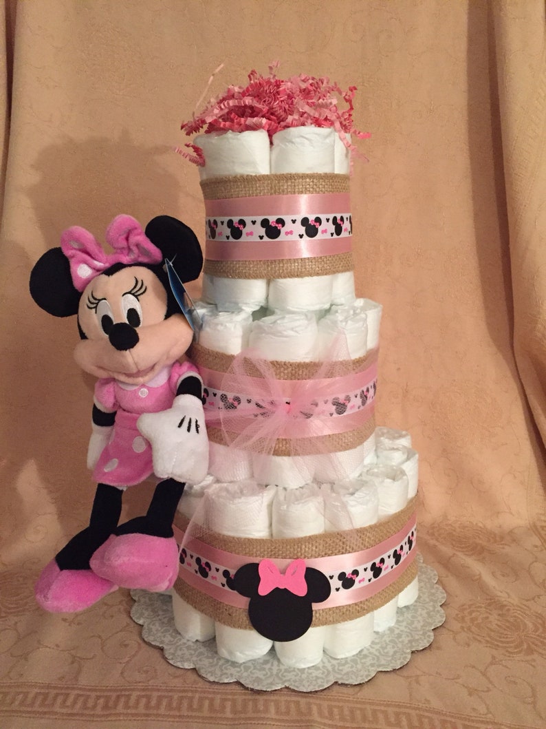 3 Tier Diaper Cake Disney Minnie Mouse Pink /& Burlap or Mickey Mouse Baby Shower Centerpiece