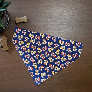May include: A blue dog bandana with a pattern of orange, yellow, and brown foxes.