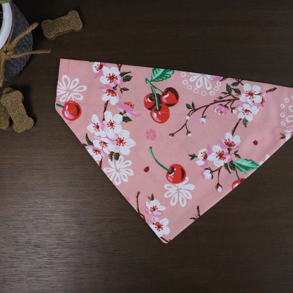 Cherry Dog Bandana Over the Collar - Cherry & Japanese Cherry Blossom / Cherry Cat Bandana / Cherries / Slip on bandana / Gift For Pets /