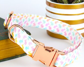 Easter Dog Collar: Pastel Bunnies, Handmade Collar with Metal or Plastic Buckle