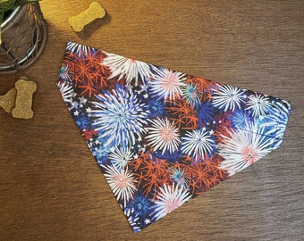 SALE!! 4th of July Dog Bandana (Over the Collar) - Fireworks //Patriotic //Independence Day//Cat Bandana//Red, White & Blue//Slip on bandana