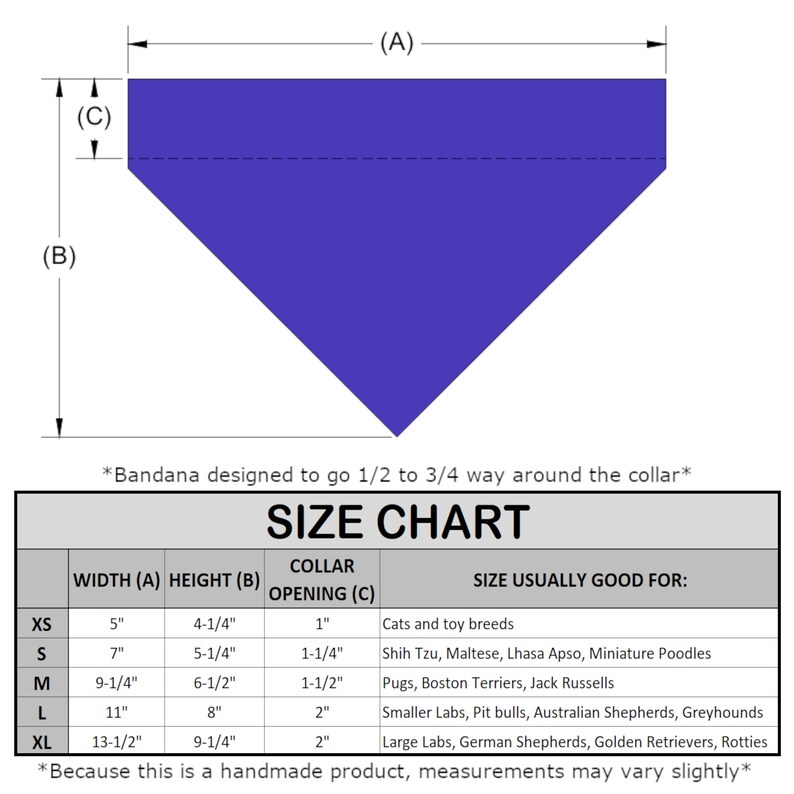 May include: A size chart for dog bandanas, showing the width, height, and collar opening in inches, along with the recommended dog breeds for each size. The chart includes sizes XS, S, M, L, and XL.