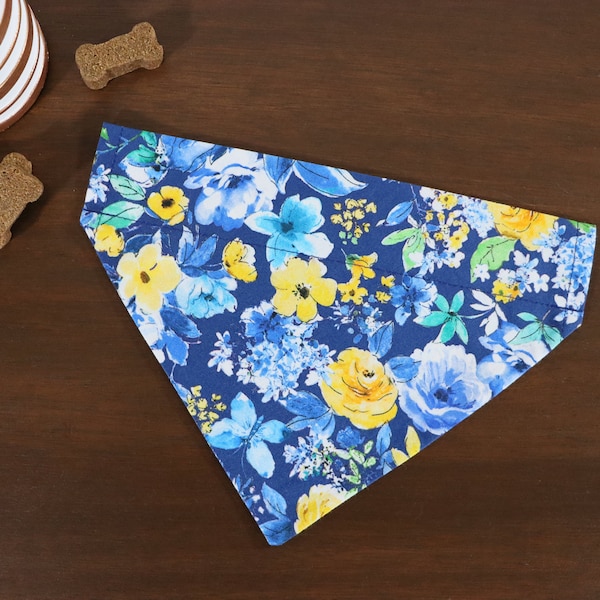 Floral Dog Bandana Personalized (Over the Collar) - Blue and Yellow Floral // Floral Cat Bandana // Slip on Bandana // Gift For Pets