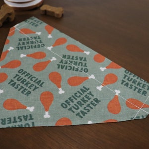 May include: A green bandana with a white stitched seam and a repeating pattern of orange turkey legs with the text "OFFICIAL TURKEY TASTER" printed on it.