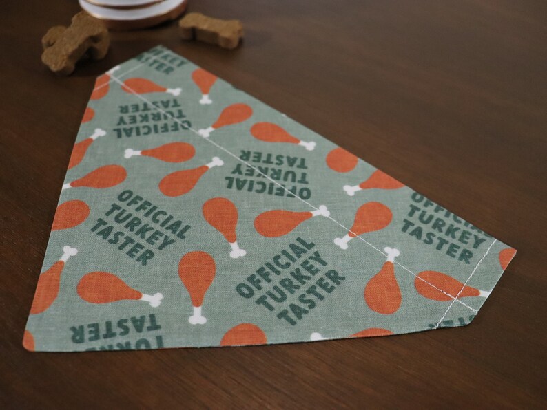 May include: A green bandana with a white stitched seam and a repeating pattern of orange turkey legs with the text "OFFICIAL TURKEY TASTER" printed on it.