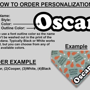 May include: How to personalize a bandana with a pet's name, font style, color, and outline color. An example shows a bandana with the name "Oscar" in white text with a black outline on a green background with a turkey leg pattern.