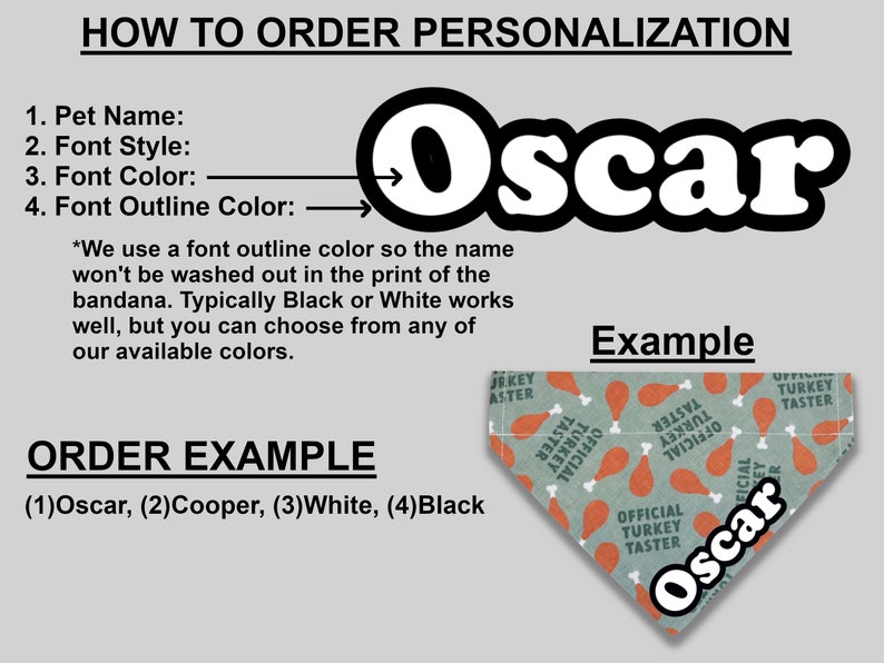 May include: How to personalize a bandana with a pet's name, font style, color, and outline color. An example shows a bandana with the name "Oscar" in white text with a black outline on a green background with a turkey leg pattern.