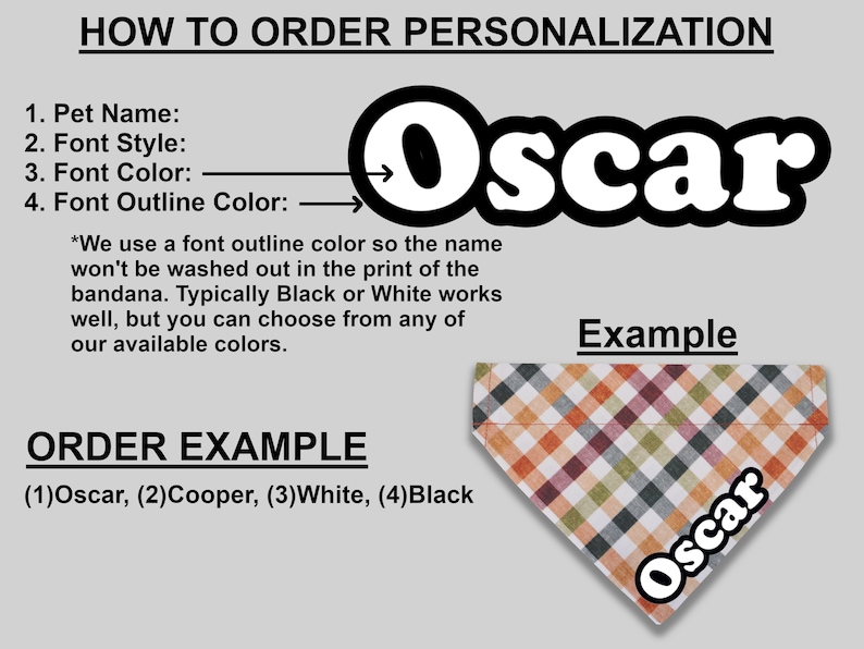 May include: How to order personalized dog bandanas.  Instructions for choosing a pet name, font style, font color, and font outline color.  An example bandana with the name "Oscar" is shown in a plaid pattern.