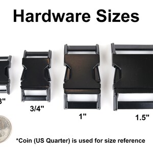May include: Four black plastic buckles in different sizes: 5/8 inch, 3/4 inch, 1 inch, and 1.5 inches. A US quarter is shown for size reference. Hardware Sizes.