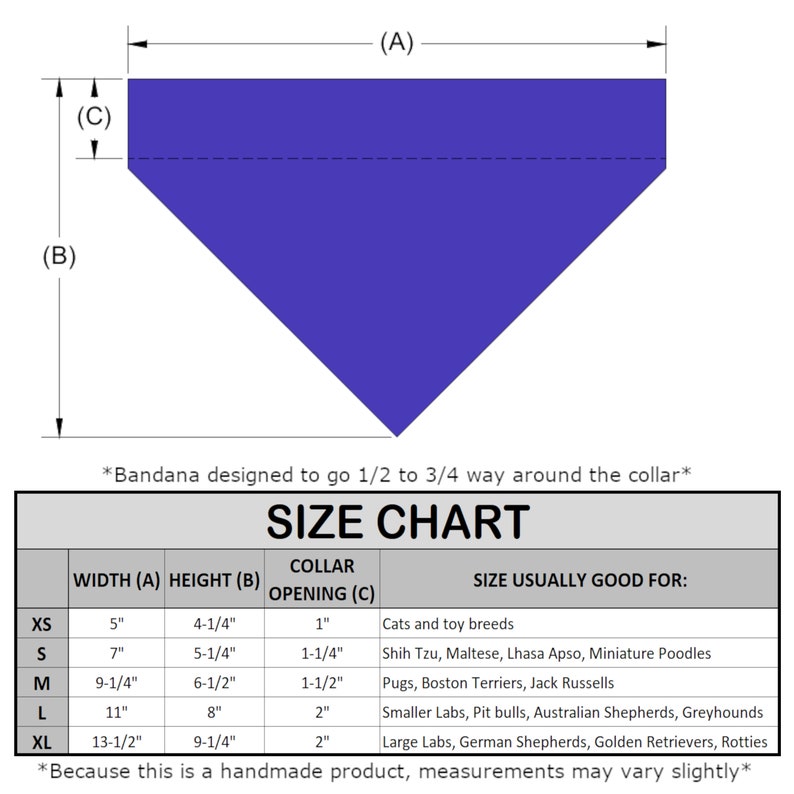May include: A size chart for dog bandanas, showing the width, height, and collar opening in inches, along with the recommended dog breeds for each size. The chart includes sizes XS, S, M, L, and XL.