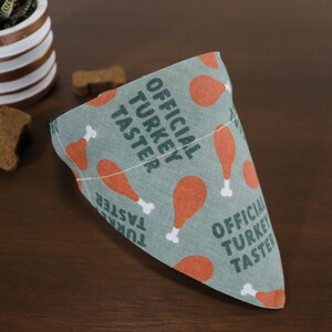 May include: A green and orange dog bandana with the text "Official Turkey Taster" repeated on the fabric. The bandana is in the shape of a triangle.