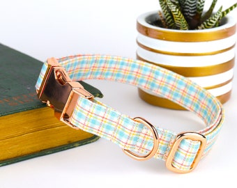 Plaid Dog Collar: Pastel Colors, Handmade Collar with Metal or Plastic Buckle