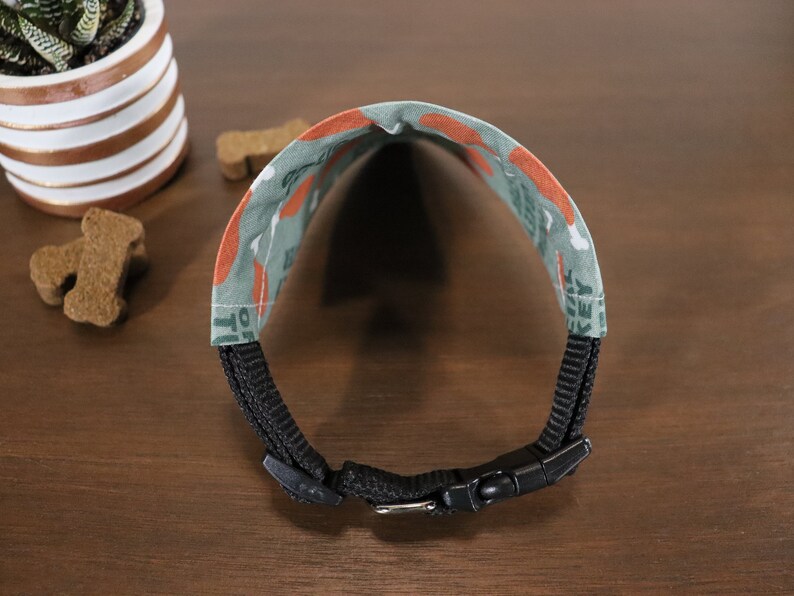 May include: A black dog collar with a green and orange fabric pattern featuring the text "I love turkey".