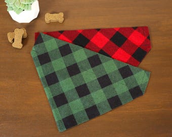 Personalized Christmas Dog Bandana (Over the Collar) - Buffalo Plaid // Red or Green Flannel