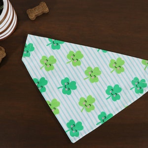 May include: A green and white dog bandana with a shamrock pattern. The shamrocks have smiling faces.