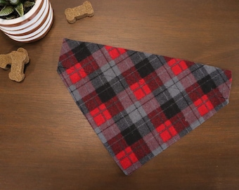 Plaid Dog Bandana (Over the Collar) - Red & Gray Flannel // Plaid Cat Bandana // Flannel Bandana // Slip on Bandana // Gift for Pets