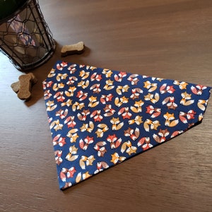 May include: A blue dog bandana with a pattern of orange, brown, and yellow foxes.